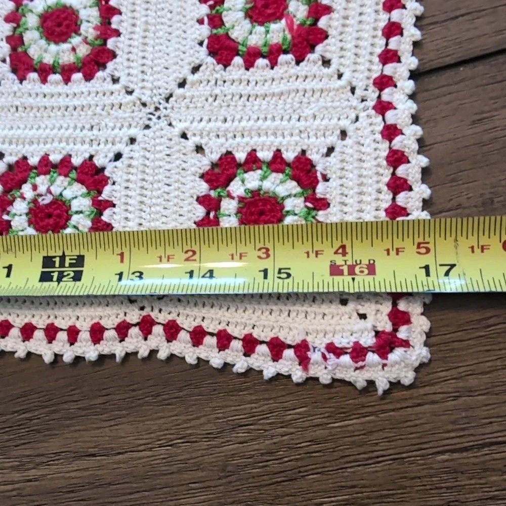 Handmade Crochet Table Runner 2pc Granny Square Cream Red Green 88X32 70X17